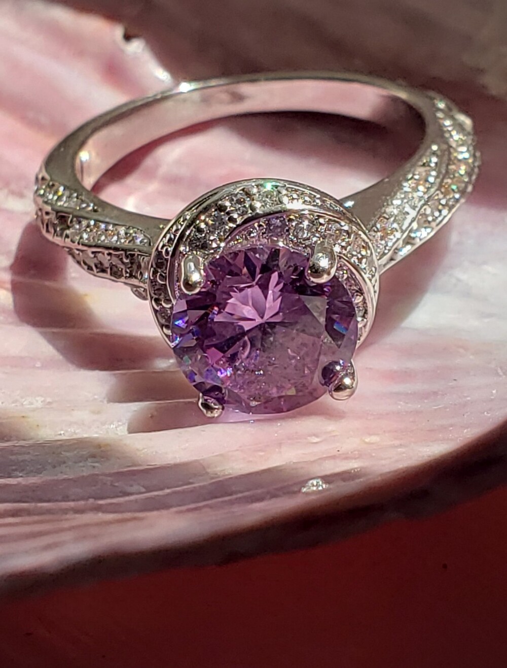 NEW Amethyst & Sterling Solitaire Ring, Round Cut Brilliant Stone, WOW, Sz 7.